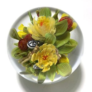 Yellow Blossom w Fruit & Bee Orb by Paul Stankard